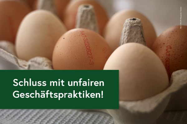 Eier mit Text: Schluss mit unfairen Geschäftspraktiken!